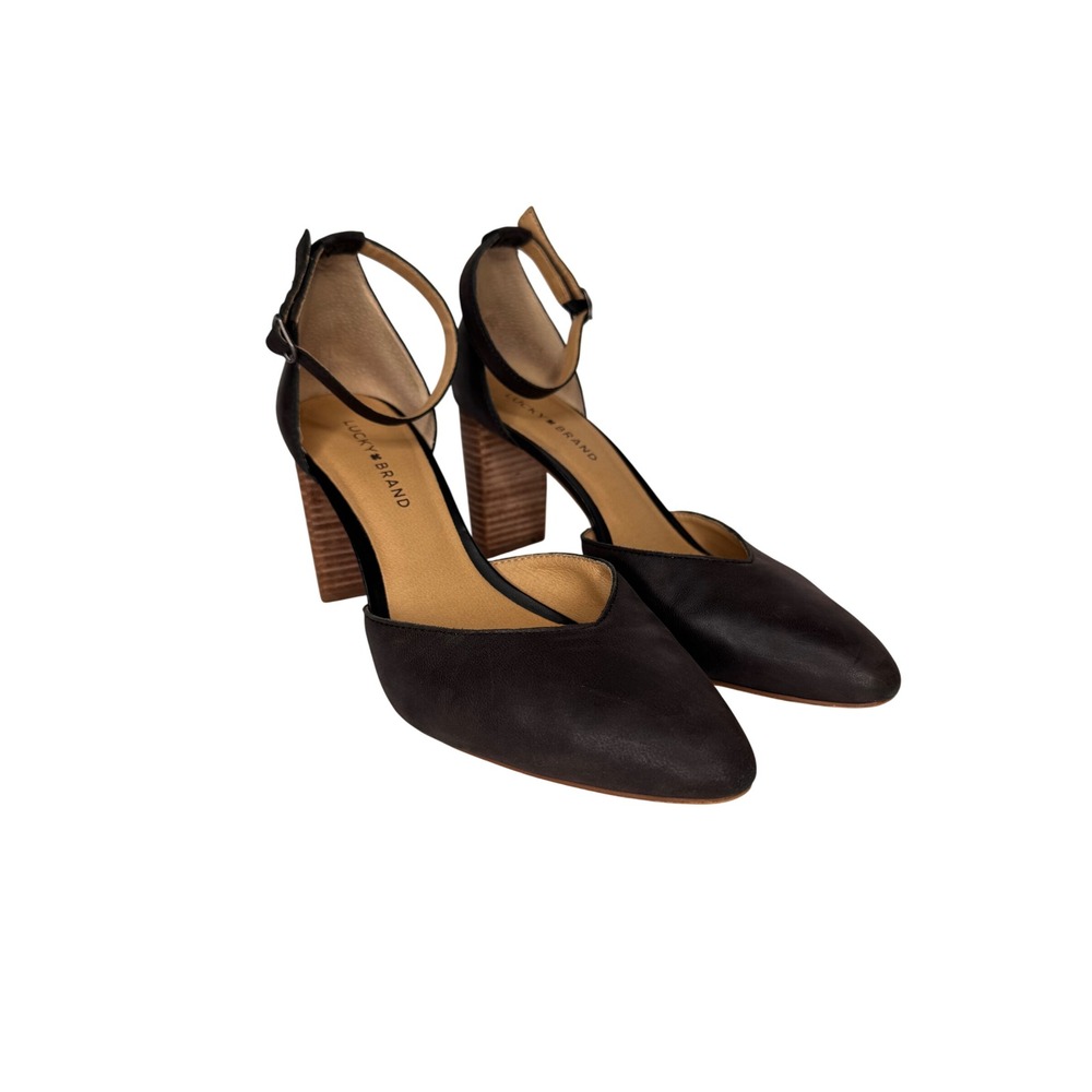 Lucky Brand Mariannah Dark Brown Leather Block Heel Ankle Strap Pumps 10M